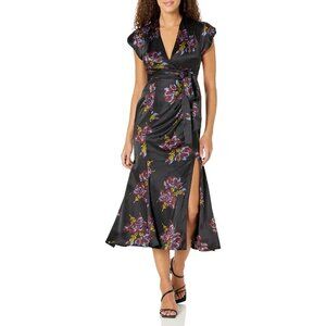 Cinq a Sept Women's Neila Silk Floral Tie Waist Midi Dress Black Blue Size 2